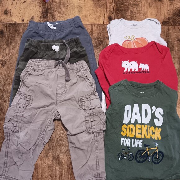 Carter’s Baby Boy 12M Clothes Lot (6 Pc) One piece Shirts Pants Fall‎ Winter C19 - Picture 1 of 8